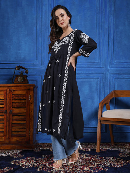 Women Black Modal  Hand Chikankari Long Kurta