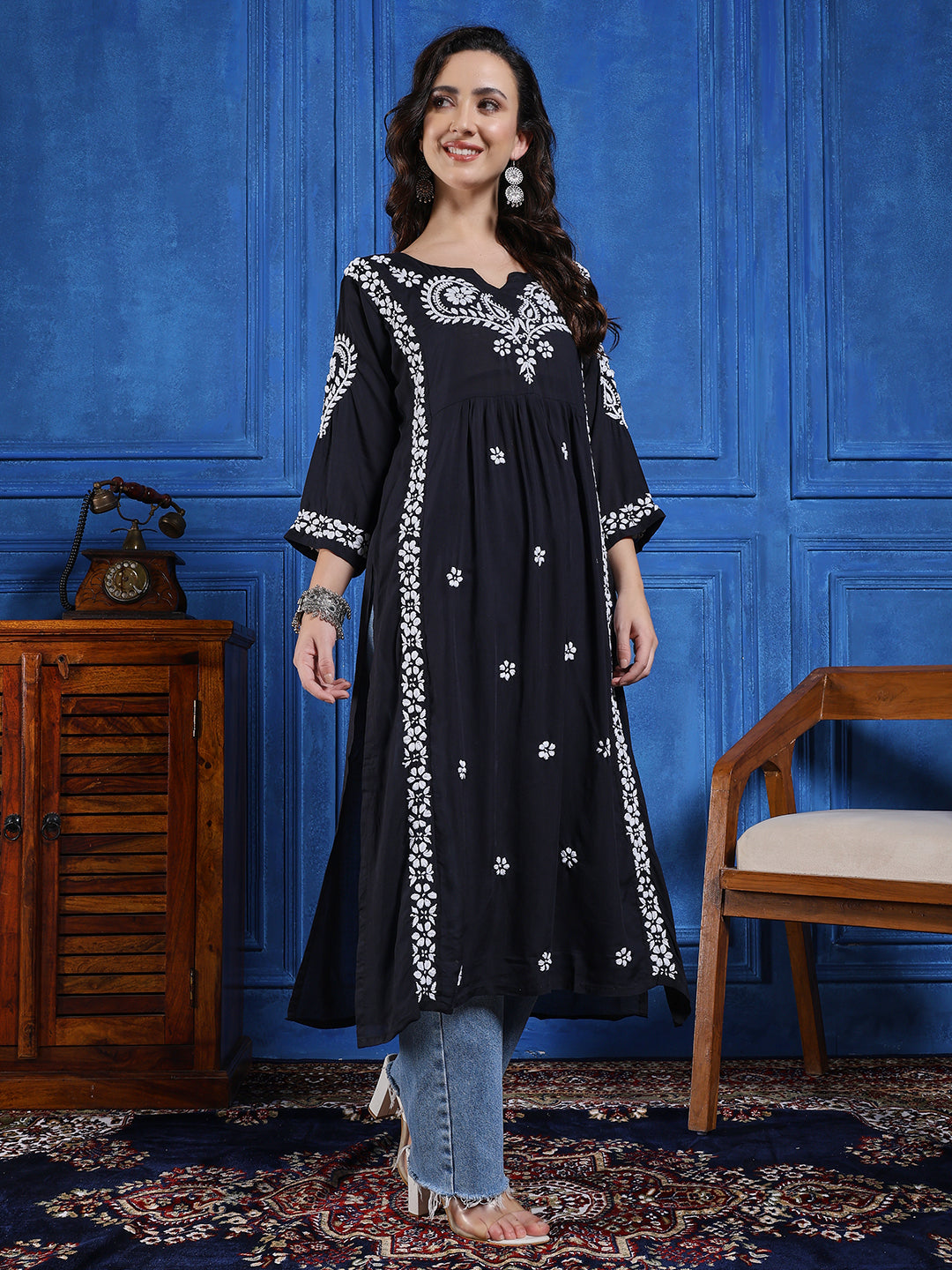Women Black Modal  Hand Chikankari Long Kurta