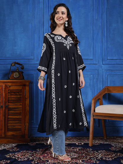 Women Black Modal  Hand Chikankari Long Kurta