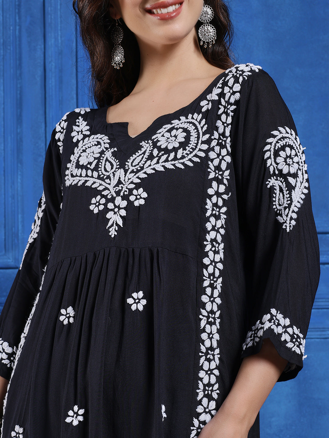 Women Black Modal  Hand Chikankari Long Kurta