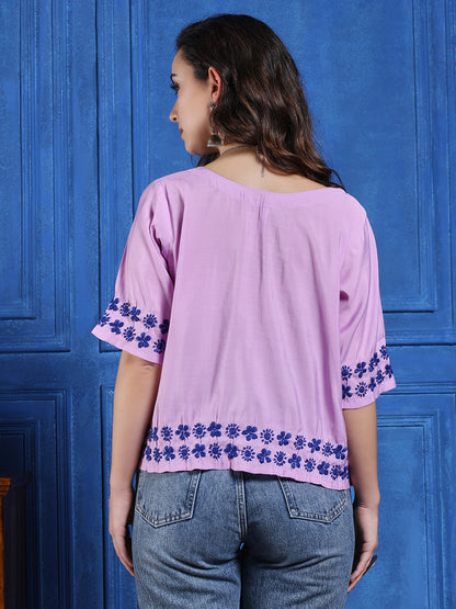 Handmade Lavender Chanderi Chikankari Top – Boat Neck with Floral Embroidery