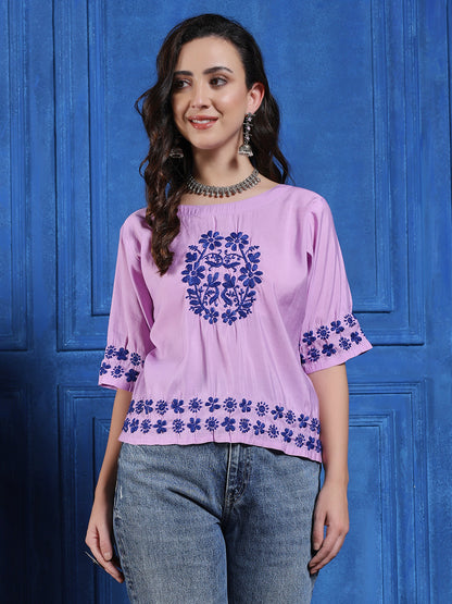 Handmade Lavender Chanderi Chikankari Top – Boat Neck with Floral Embroidery