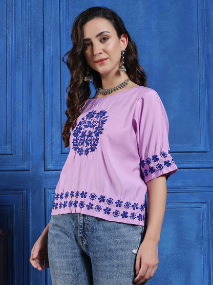 Handmade Lavender Chanderi Chikankari Top – Boat Neck with Floral Embroidery