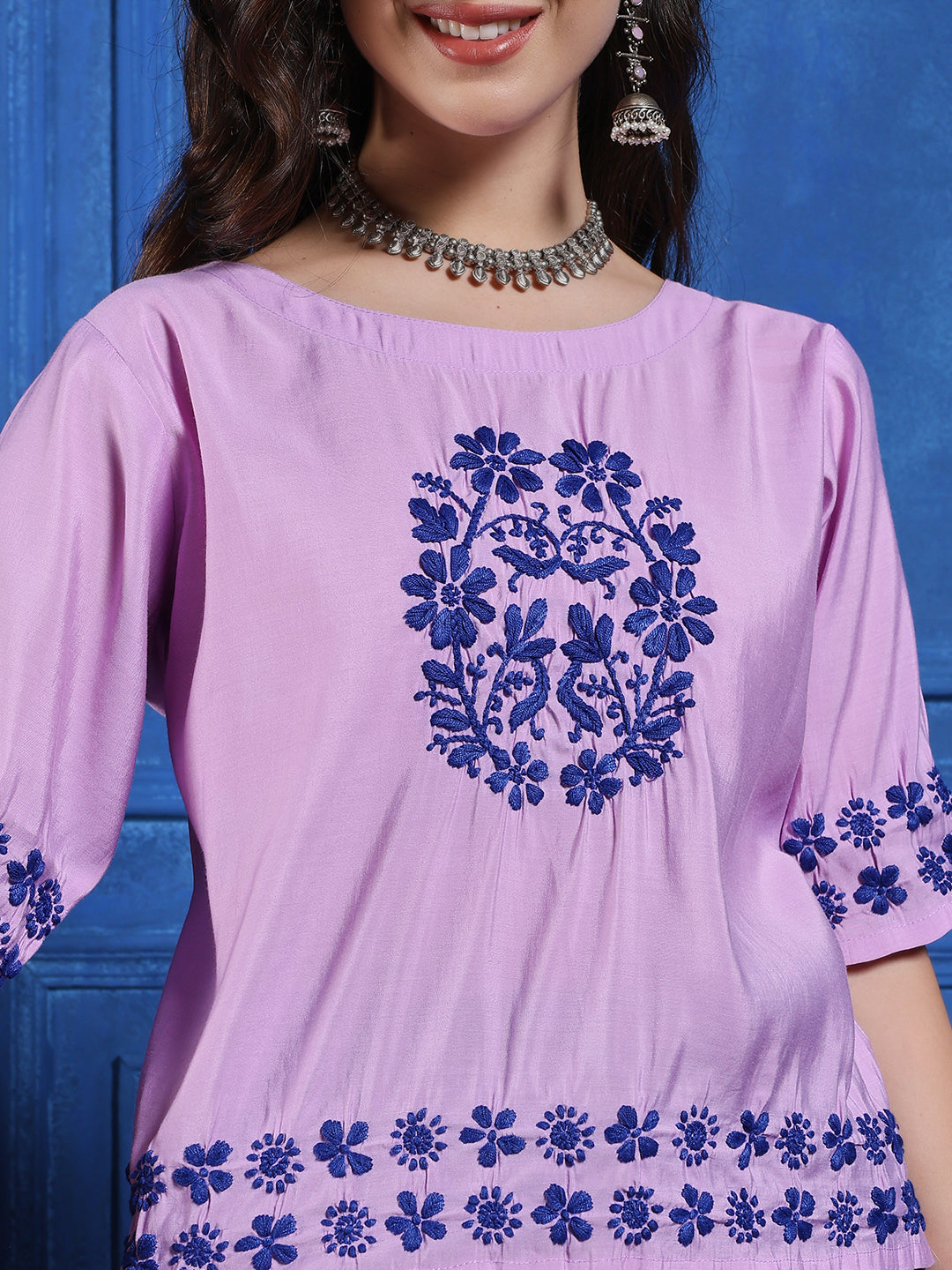 Handmade Lavender Chanderi Chikankari Top – Boat Neck with Floral Embroidery