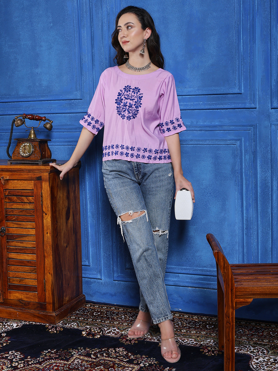 Handmade Lavender Chanderi Chikankari Top – Boat Neck with Floral Embroidery