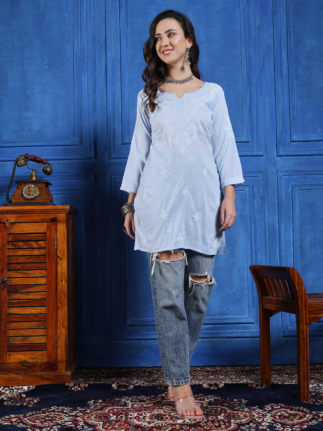 Handmade Light Blue Cotton Chikankari Short Kurti