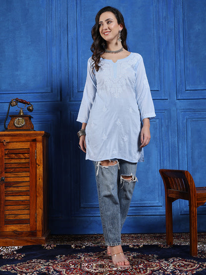 Handmade Light Blue Cotton Chikankari Short Kurti