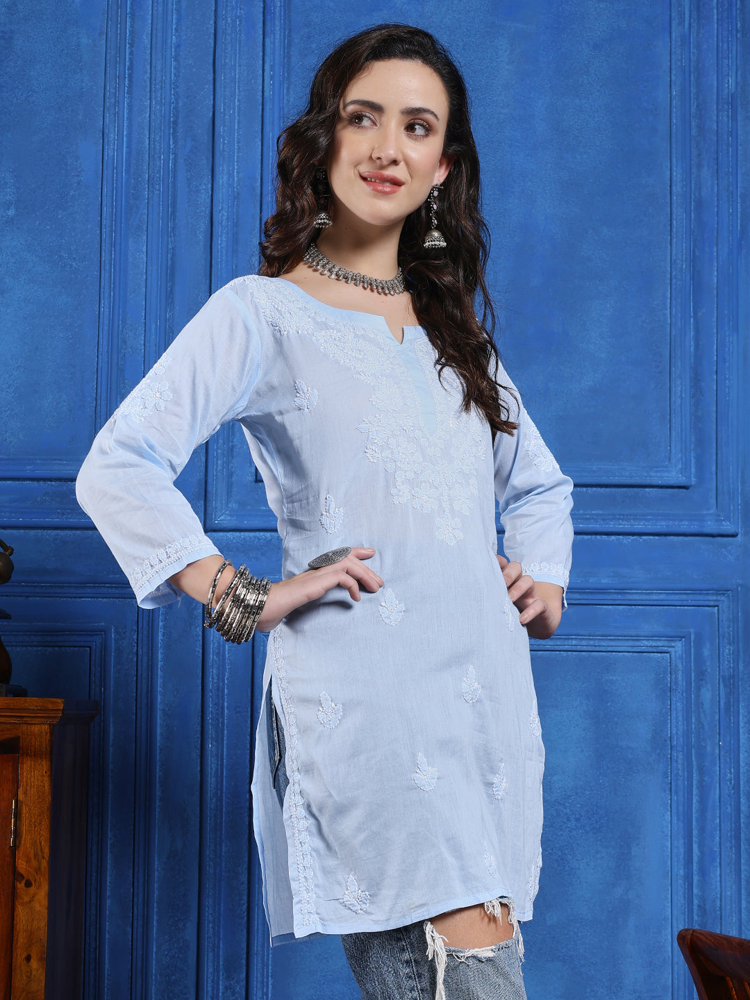 Handmade Light Blue Cotton Chikankari Short Kurti