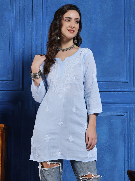 Handmade Light Blue Cotton Chikankari Short Kurti