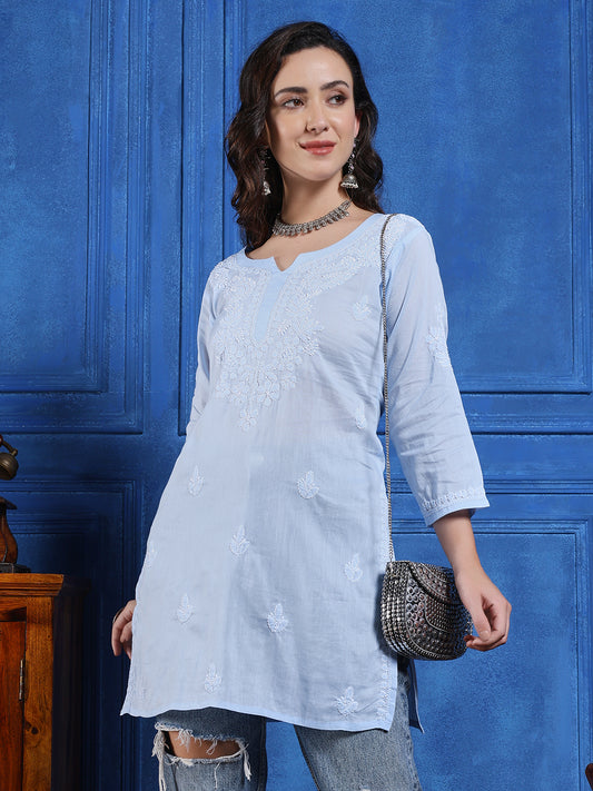 Handmade Light Blue Cotton Chikankari Short Kurti