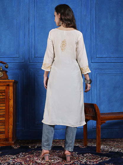 Women’s Cream Modal Tessu Hand Chikankari Long Kurta