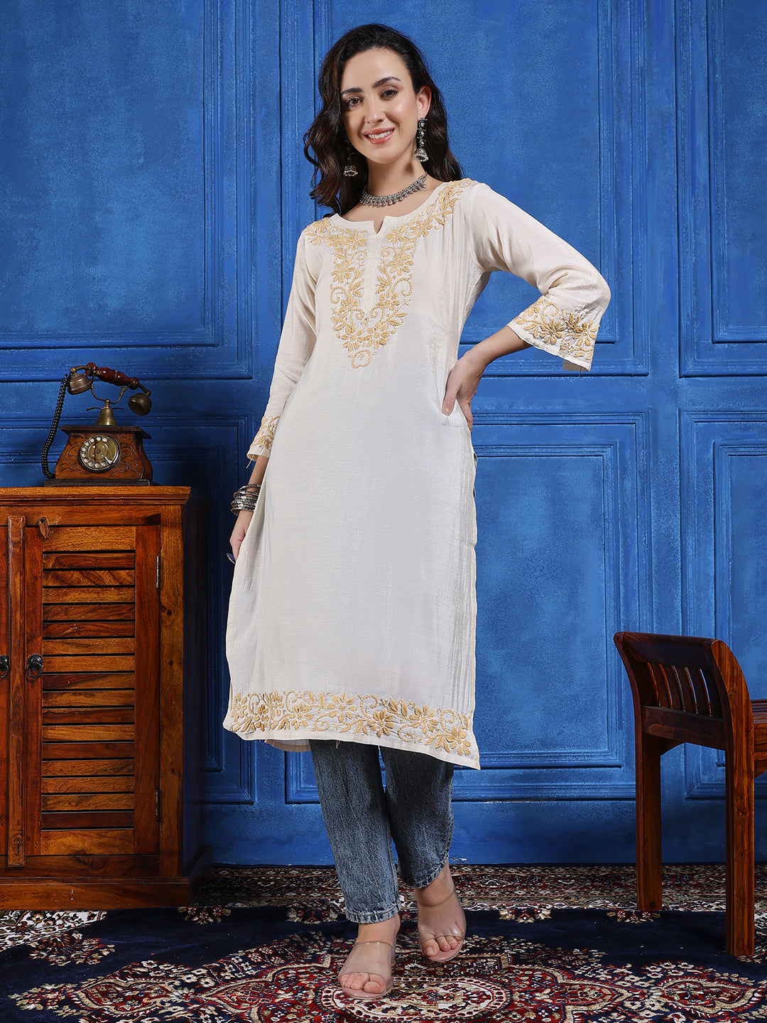 Women’s Cream Modal Tessu Hand Chikankari Long Kurta