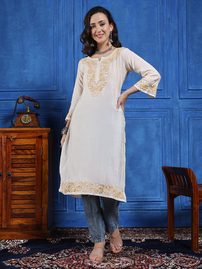 Women’s Cream Modal Tessu Hand Chikankari Long Kurta