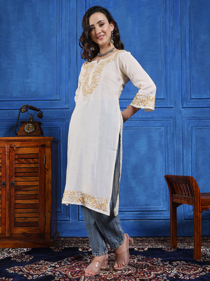 Women’s Cream Modal Tessu Hand Chikankari Long Kurta