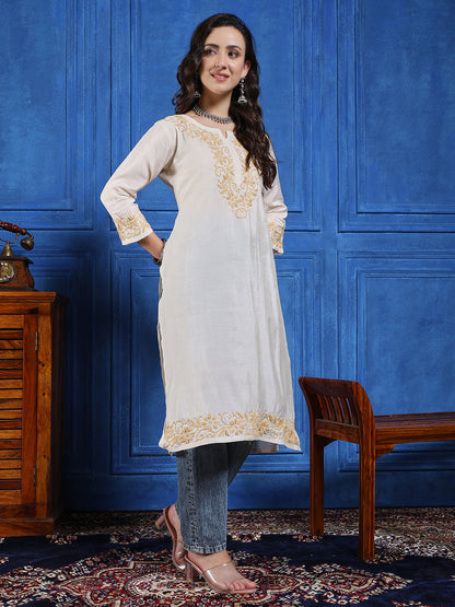 Women’s Cream Modal Tessu Hand Chikankari Long Kurta
