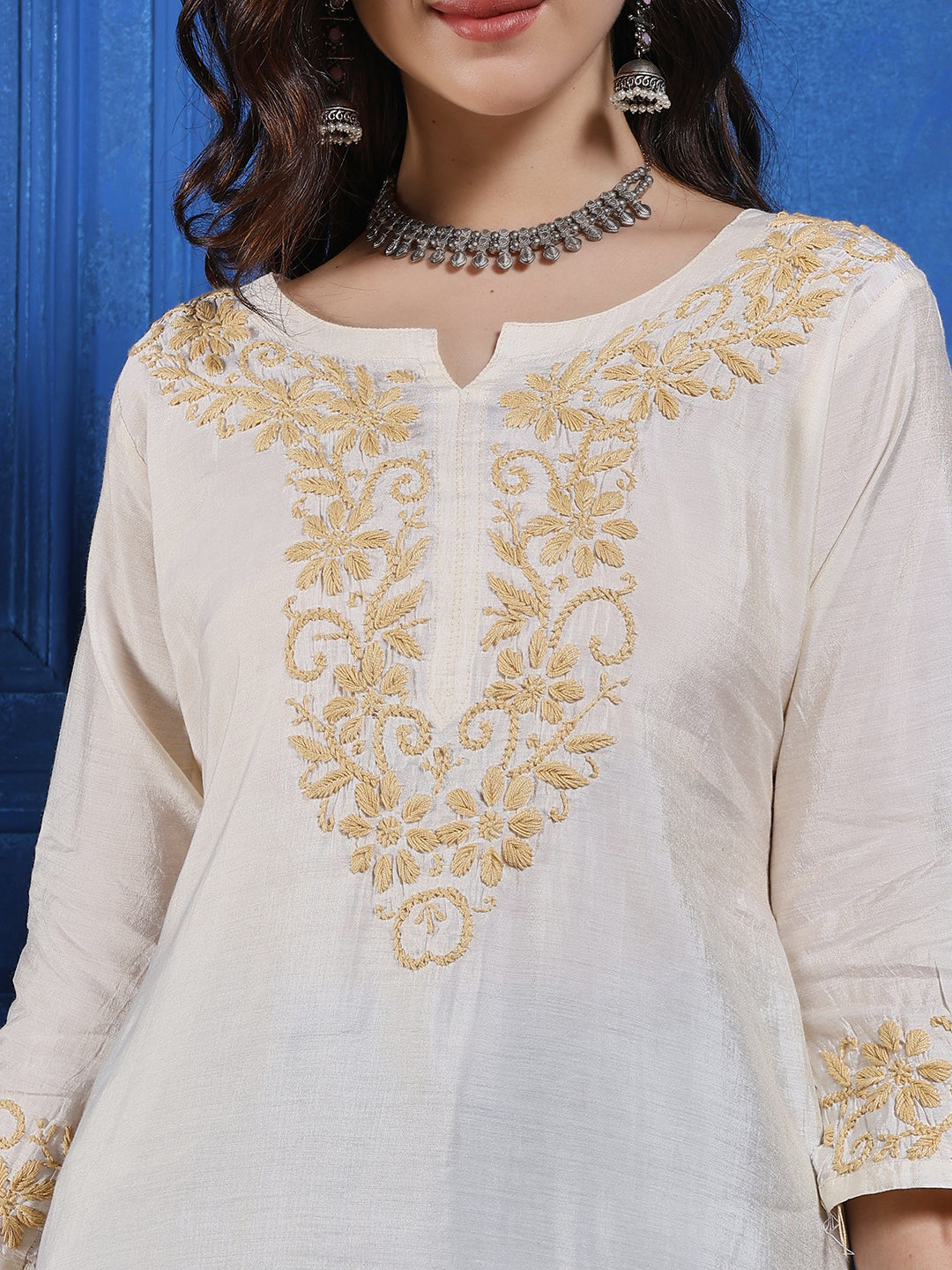 Women’s Cream Modal Tessu Hand Chikankari Long Kurta