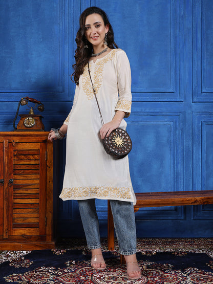 Women’s Cream Modal Tessu Hand Chikankari Long Kurta