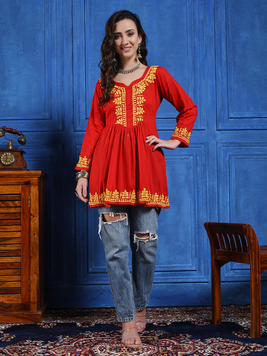 Handmade Red Cotton Chikankari Short Kurti – Round Neck with Yellow Floral Embroidery