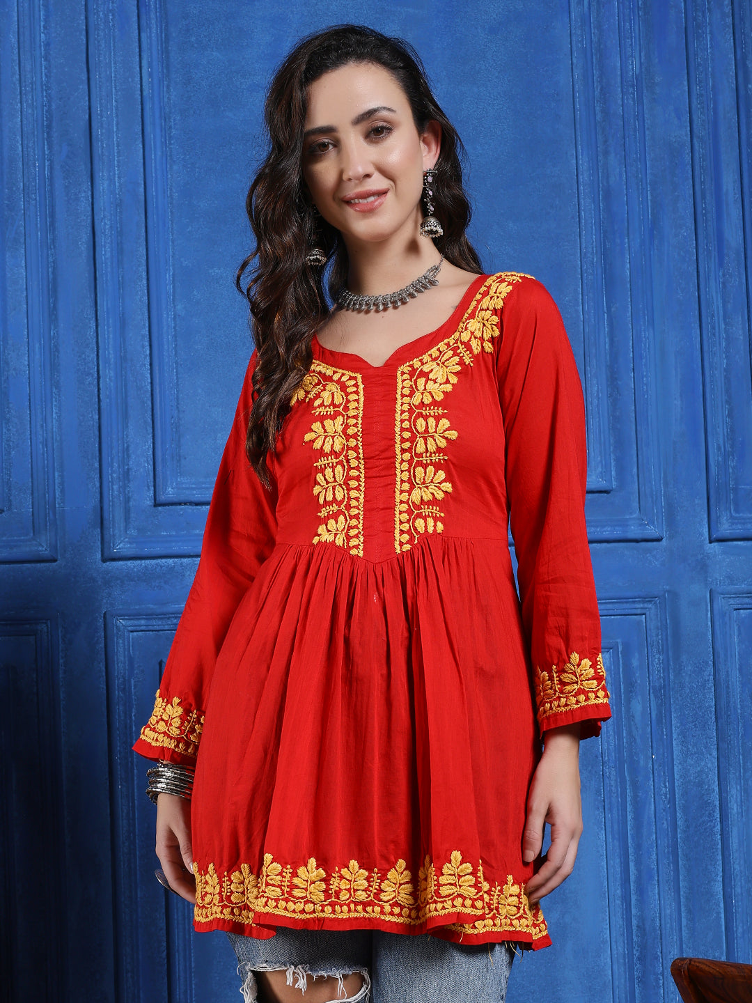 Handmade Red Cotton Chikankari Short Kurti – Round Neck with Yellow Floral Embroidery