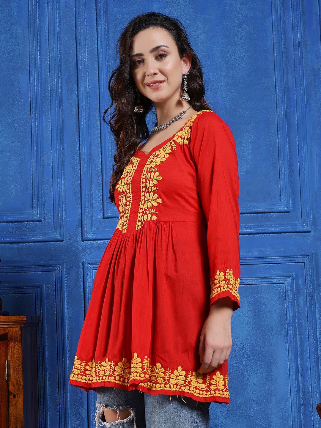 Handmade Red Cotton Chikankari Short Kurti – Round Neck with Yellow Floral Embroidery