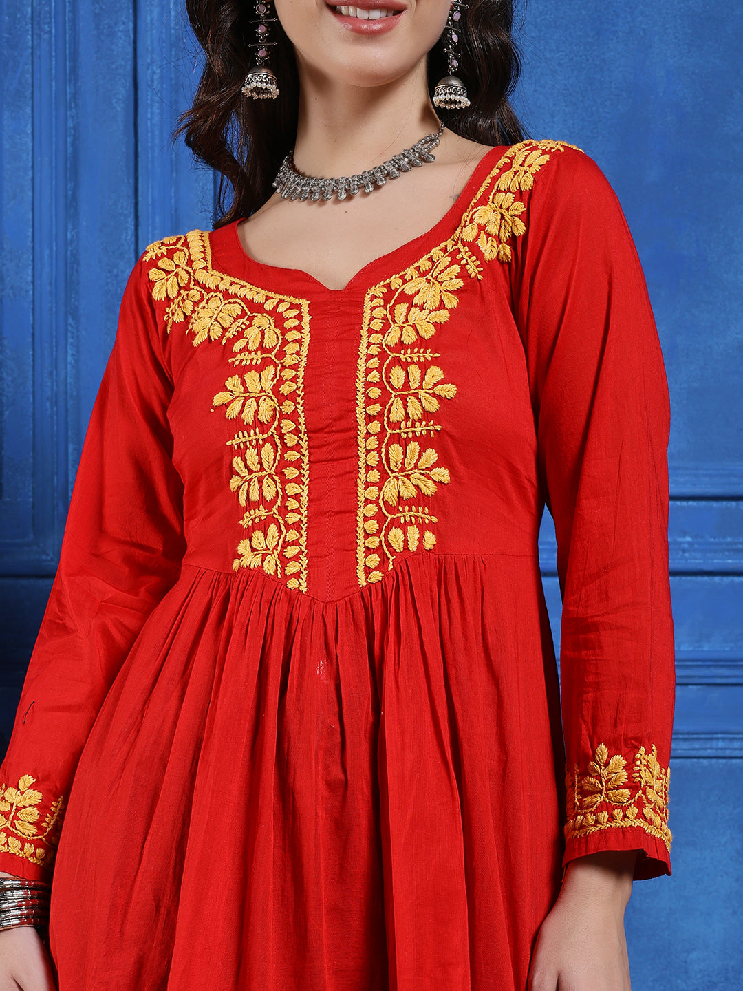 Handmade Red Cotton Chikankari Short Kurti – Round Neck with Yellow Floral Embroidery