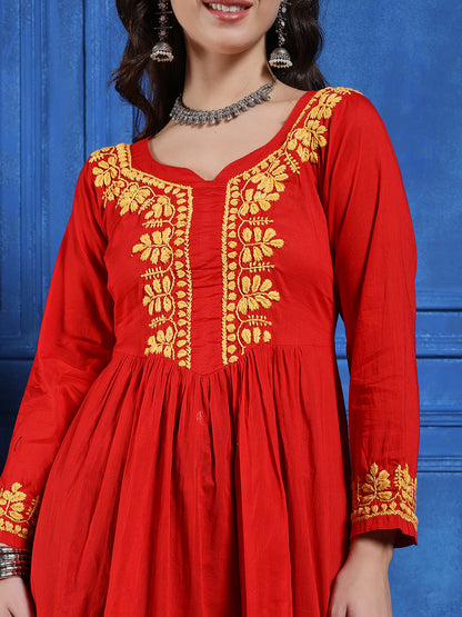 Handmade Red Cotton Chikankari Short Kurti – Round Neck with Yellow Floral Embroidery