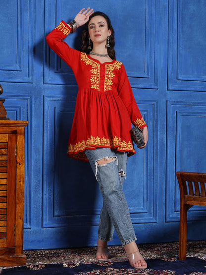 Handmade Red Cotton Chikankari Short Kurti – Round Neck with Yellow Floral Embroidery