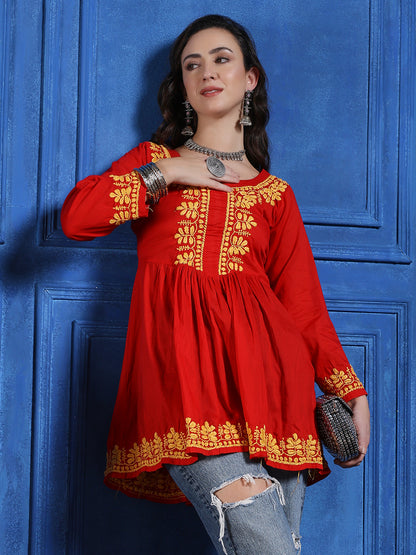 Handmade Red Cotton Chikankari Short Kurti – Round Neck with Yellow Floral Embroidery