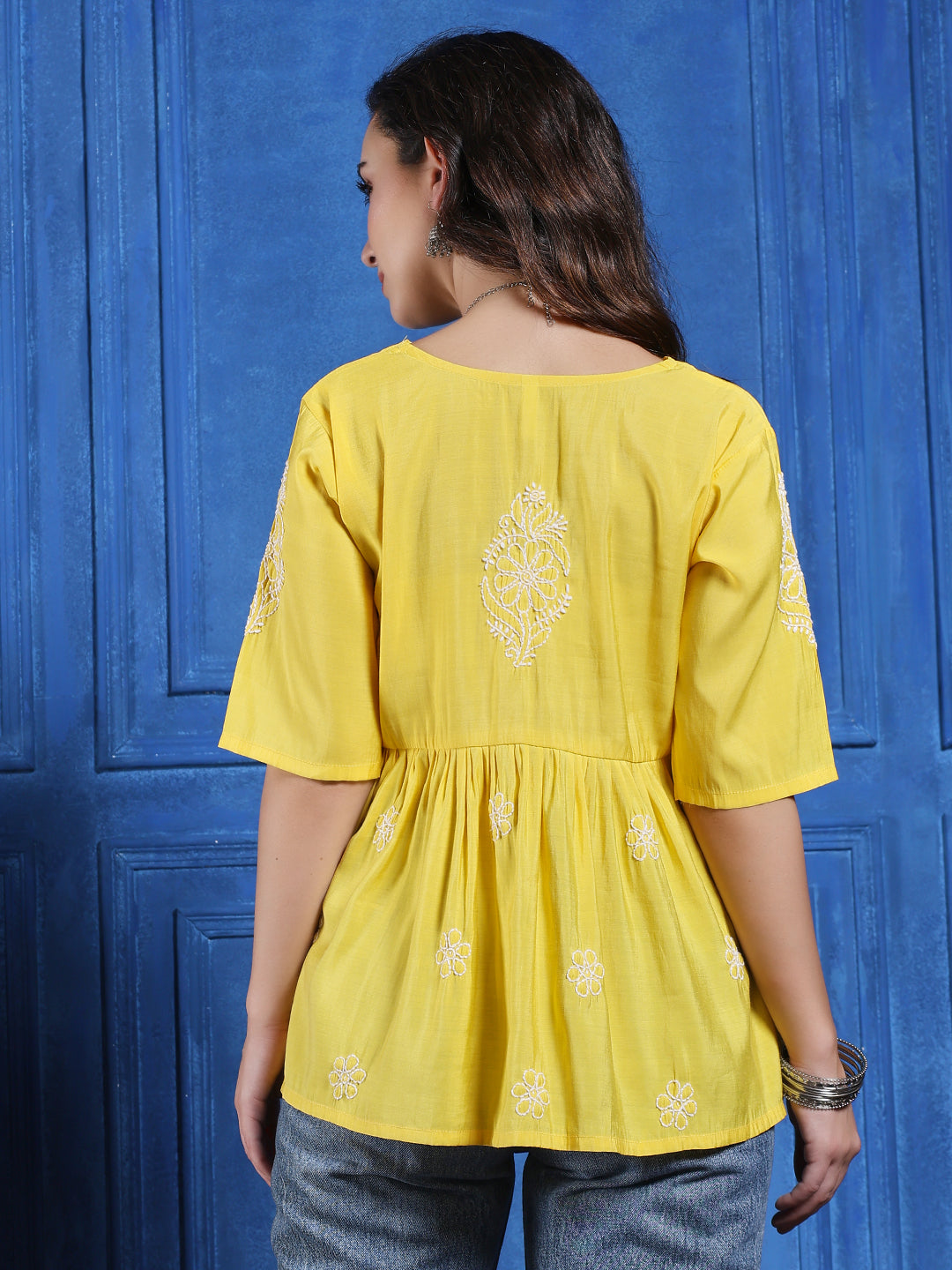 Handmade Yellow Chanderi Chikankari Top