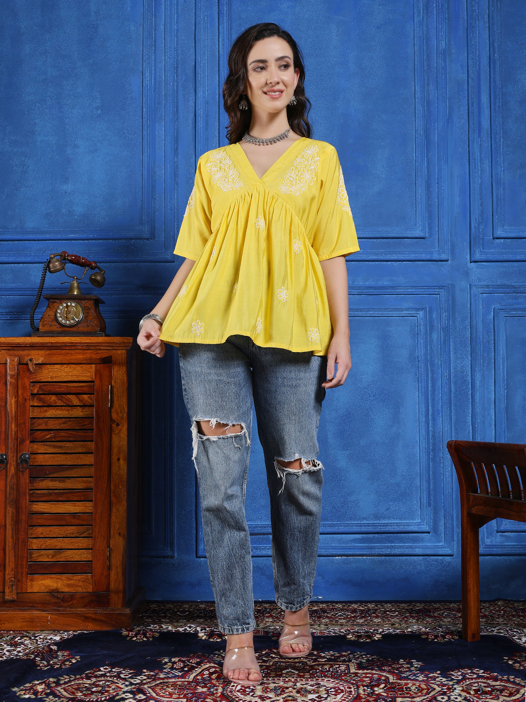 Handmade Yellow Chanderi Chikankari Top