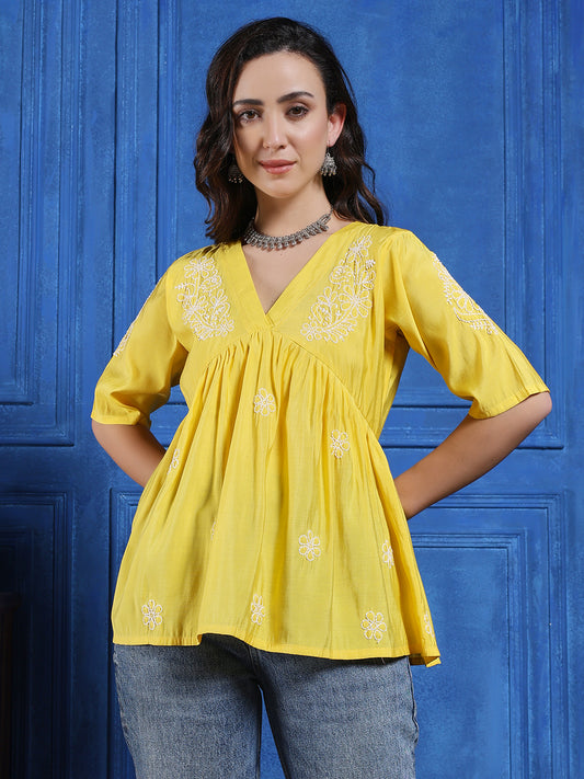 Handmade Yellow Chanderi Chikankari Top
