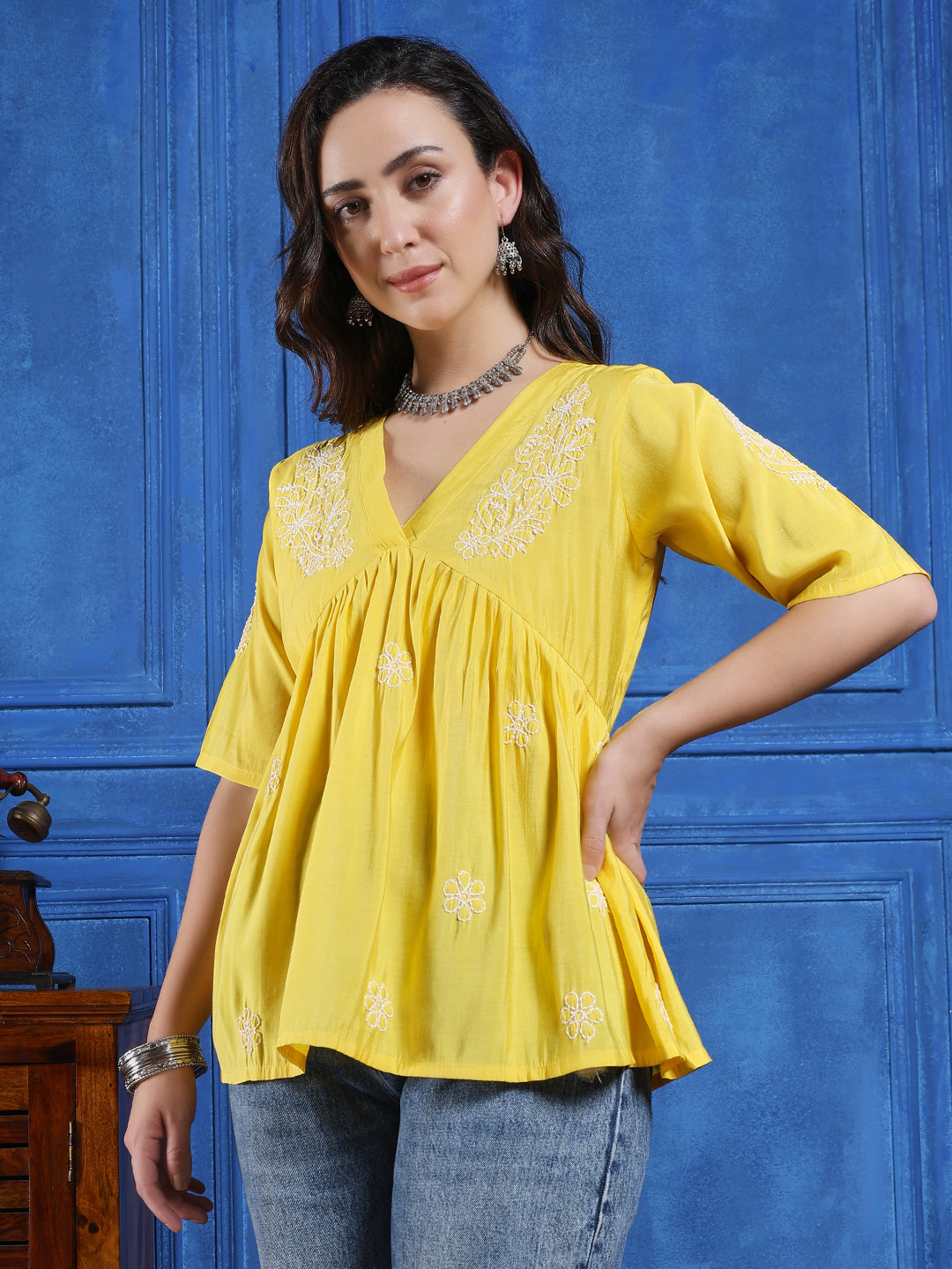Handmade Yellow Chanderi Chikankari Top