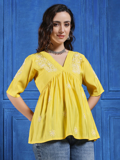 Handmade Yellow Chanderi Chikankari Top