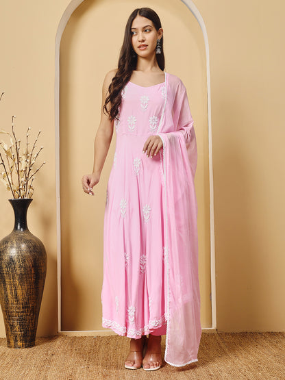 Pink Rayon Anarkali Kurta With Trouser & Dupatta hand Chikankari