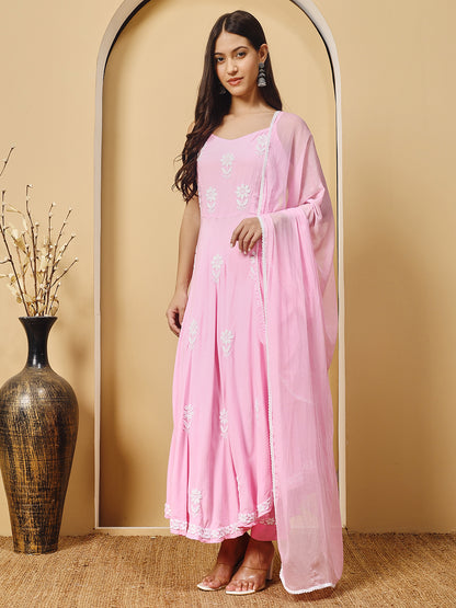 Pink Rayon Anarkali Kurta With Trouser & Dupatta hand Chikankari