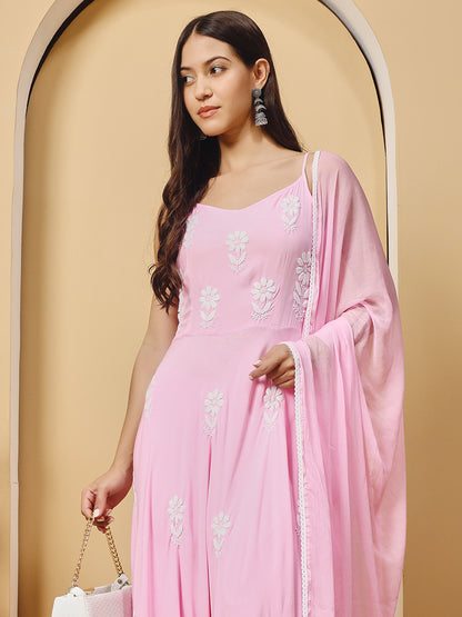 Pink Rayon Anarkali Kurta With Trouser & Dupatta hand Chikankari