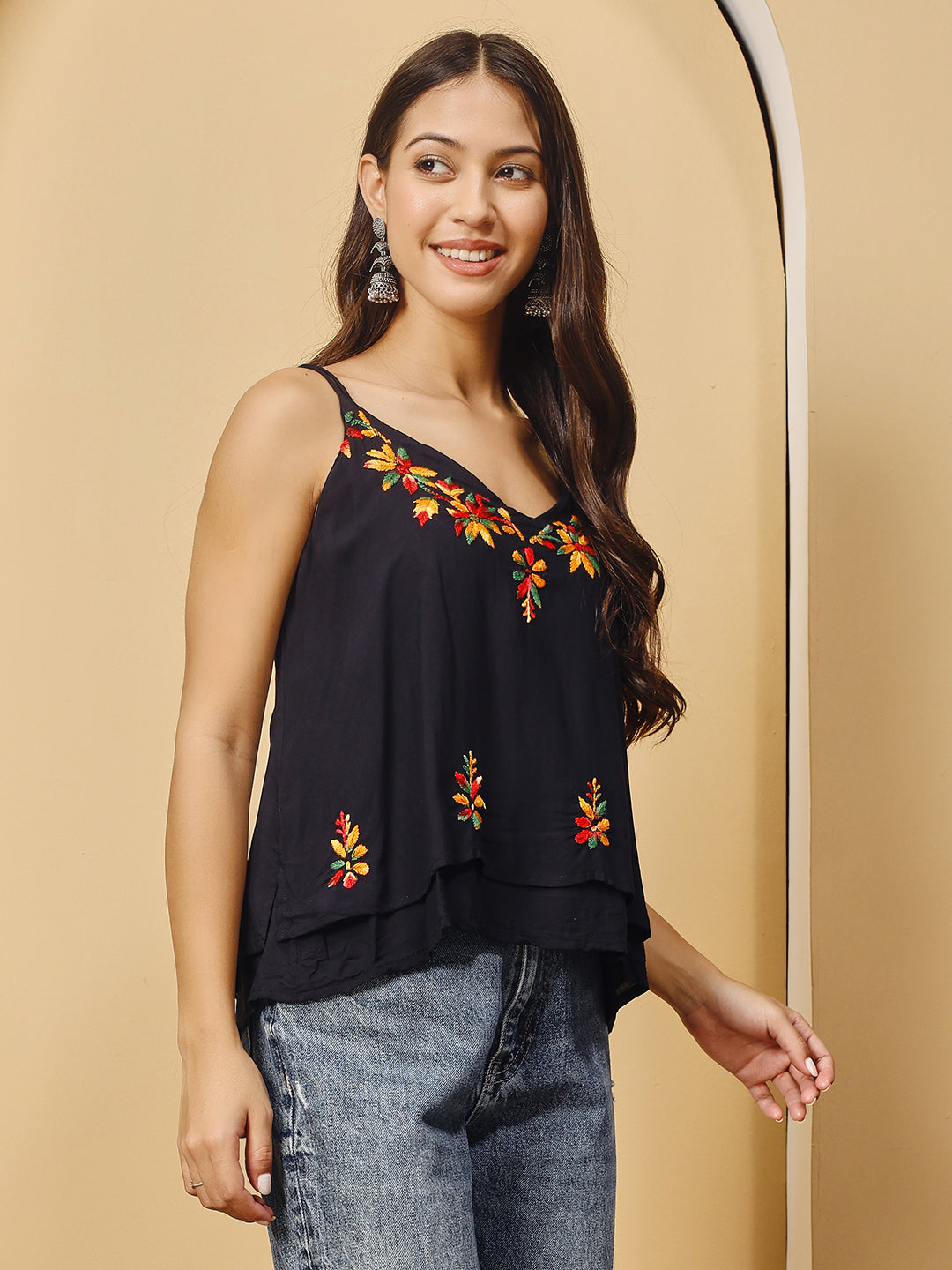Women Black Chanderi Hand Chikankari Top
