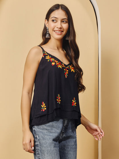 Women Black Chanderi Hand Chikankari Top
