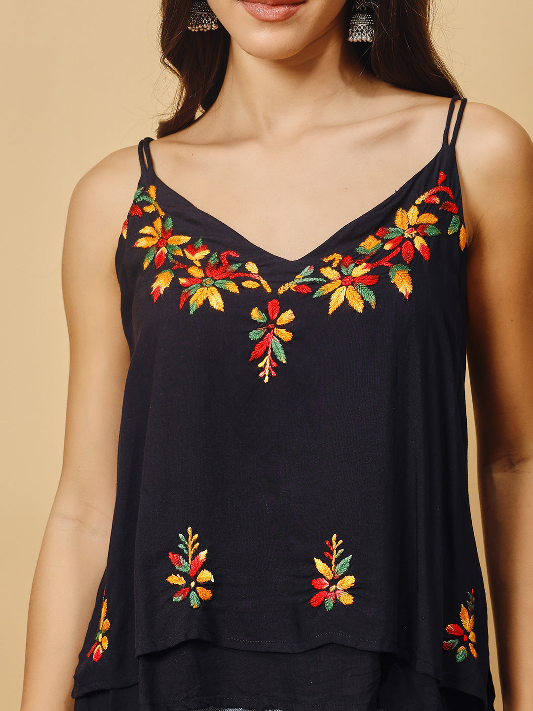 Women Black Chanderi Hand Chikankari Top