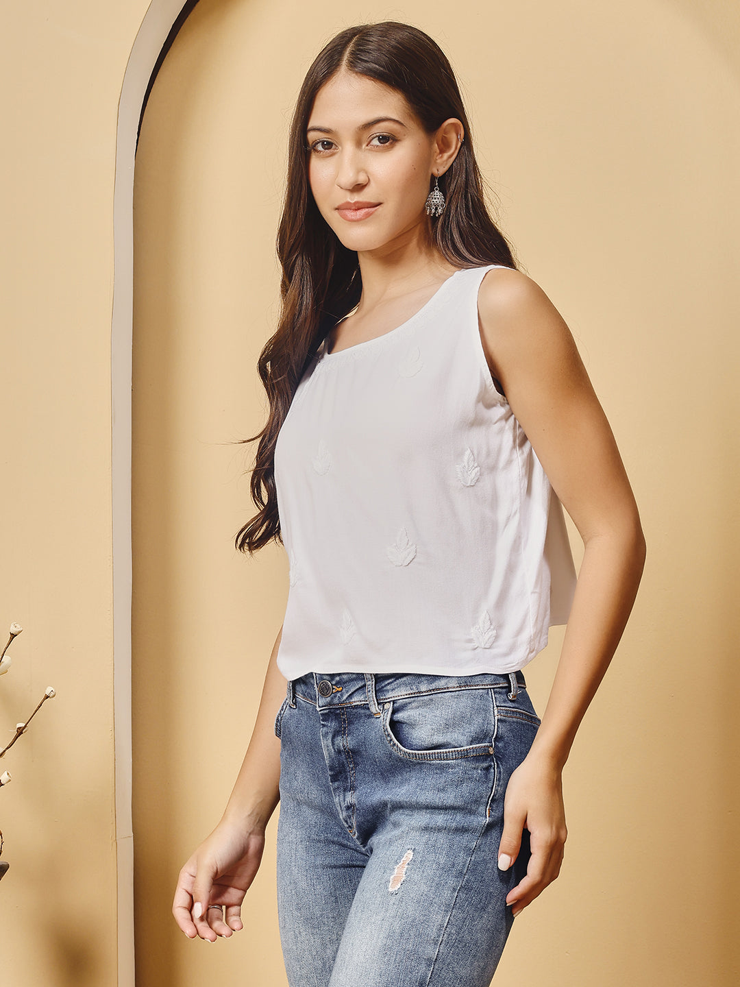 Women White Chanderi Hand Chikankari Top