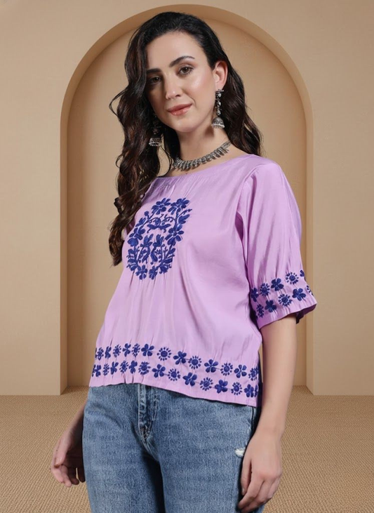 Handmade Lavender Chanderi Chikankari Top – Boat Neck with Floral Embroidery