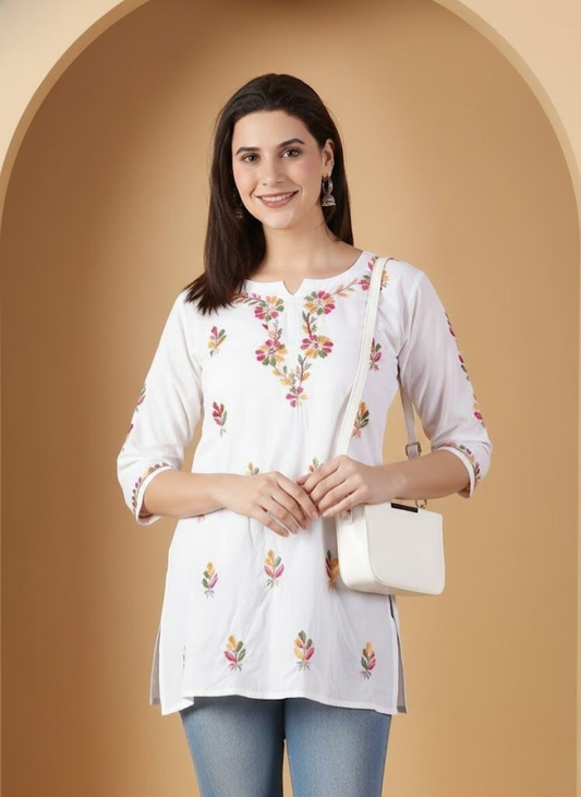 White Cotton Multi Embroidered Chikankari kurta