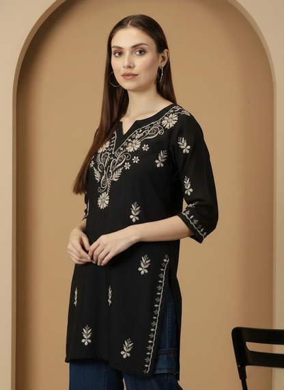 Women Black Lucknowi Chikankari Cotton Kurta