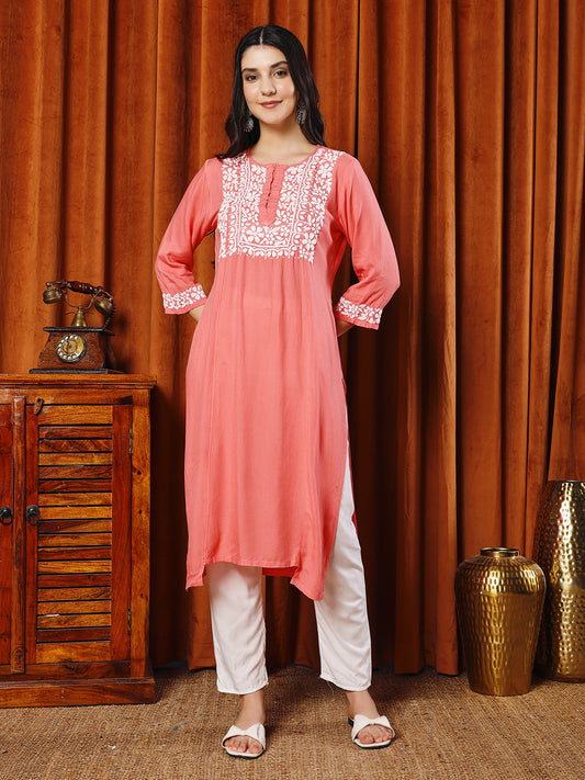 Women Gajari Rayon Hand Chikankari Straight Kurta Set