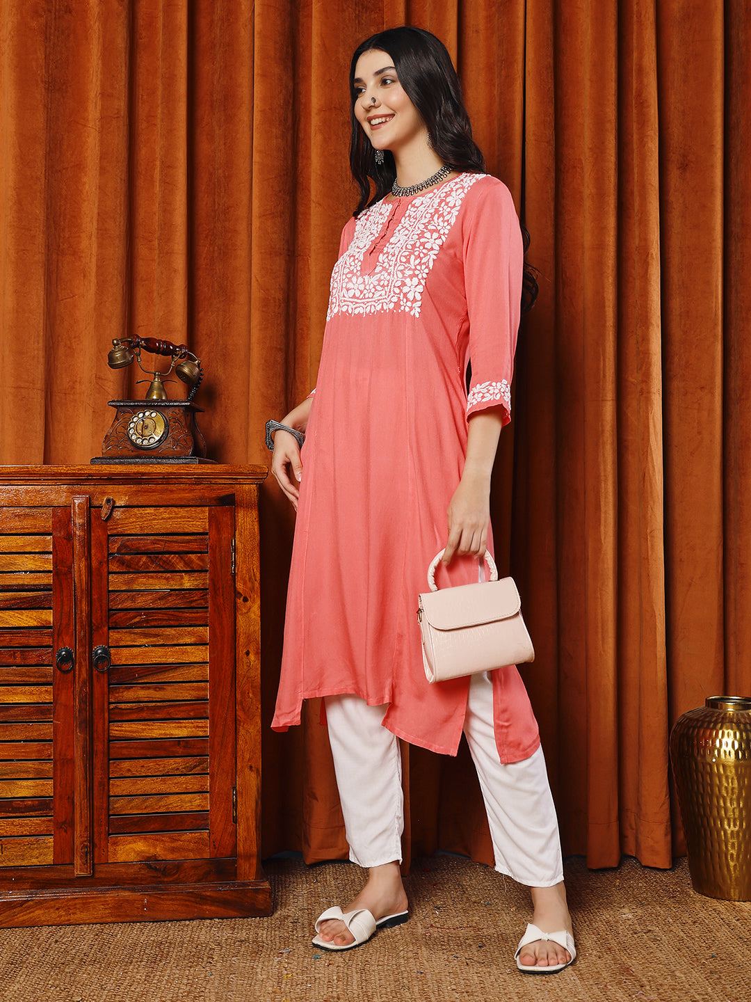 Women Gajari Rayon Hand Chikankari Straight Kurta Set
