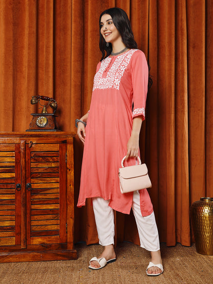 Women Gajari Rayon Hand Chikankari Straight Kurta