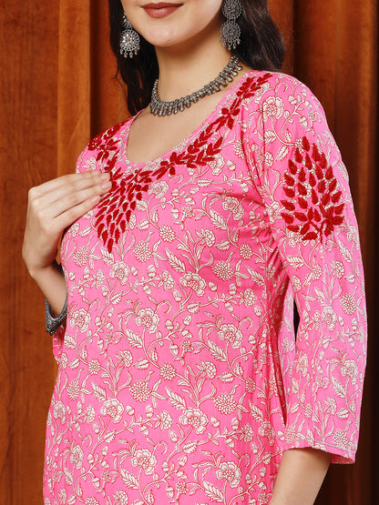 Women Pink Printed Cotton Lucknowi Chikankari Kurta Set