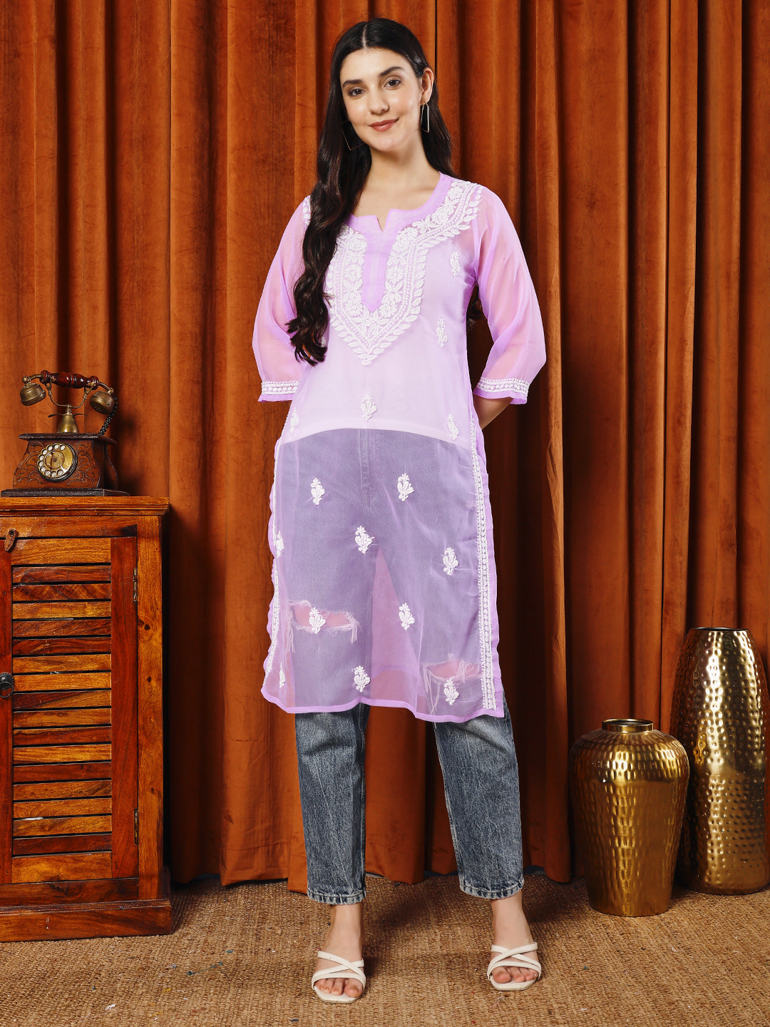 Women Purple Hand Chikankari Georgette Staight Kurta
