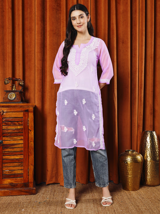 Women Purple Hand Chikankari Georgette Staight Kurta