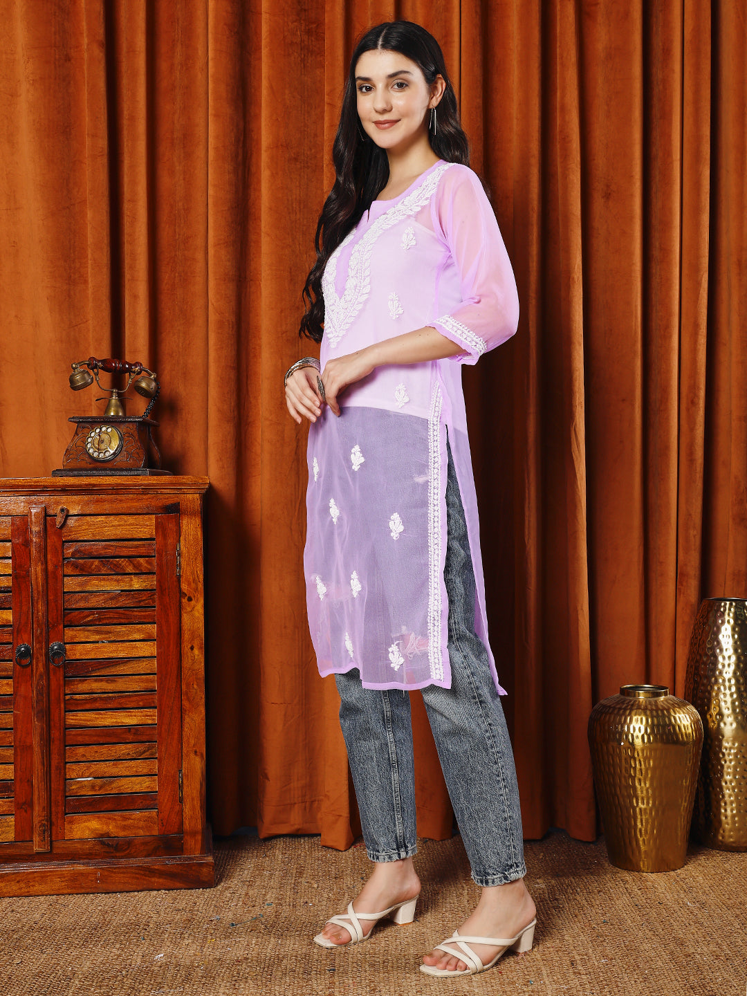 Women Purple Hand Chikankari Georgette Staight Kurta